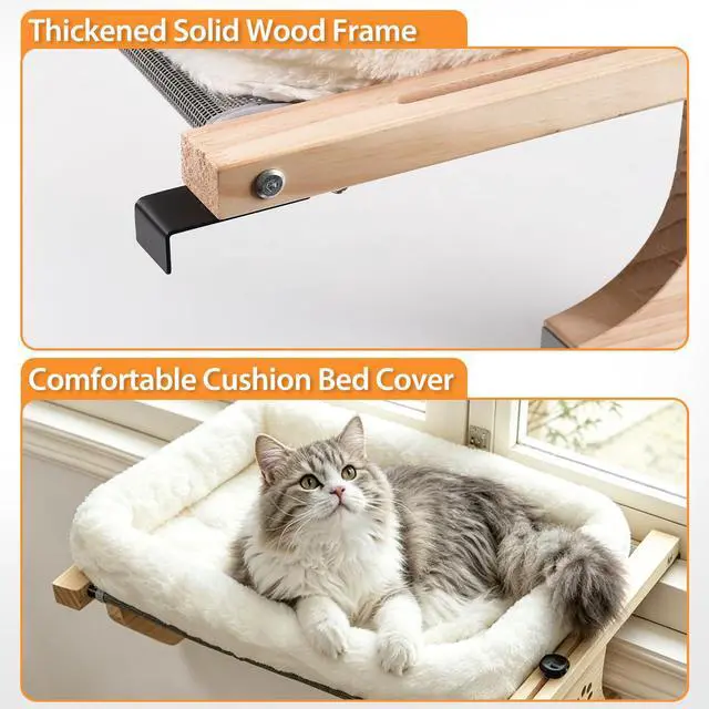 Alt view image 6 of 6 - Cat Sill Window Perch Sturdy Hammock Window Seat with Cushion Bed Cover, Wood & Metal Frame for Large Cats, Easy to Adjust Cat Bed for Windowsill, Bedside, Drawer and Cabinet(Cushion Bed)