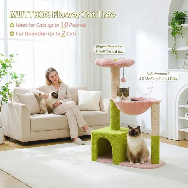Alt view image 2 of 7 - Flower Cat Tree with Large Metal Frame Hammock, 35" Cute Cat Tower with Sisal Scratching Posts for Small Indoor Cats, Cat Condo with Pink Top Perch for Kittens, Pink