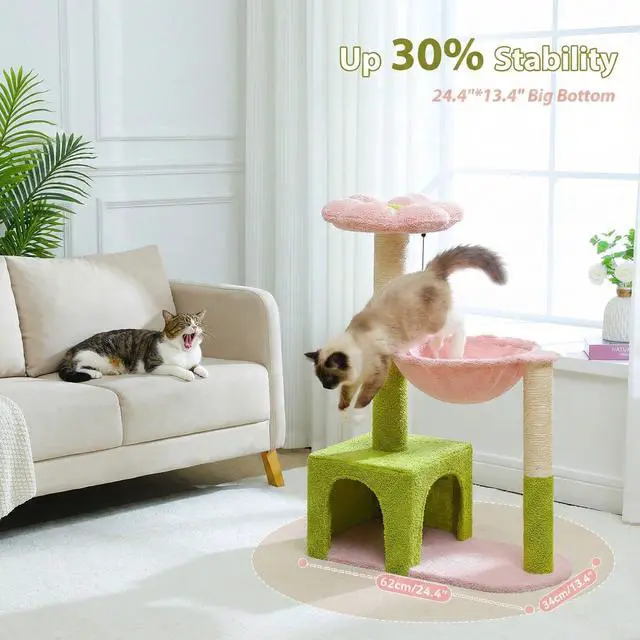 Alt view image 3 of 7 - Flower Cat Tree with Large Metal Frame Hammock, 35" Cute Cat Tower with Sisal Scratching Posts for Small Indoor Cats, Cat Condo with Pink Top Perch for Kittens, Pink