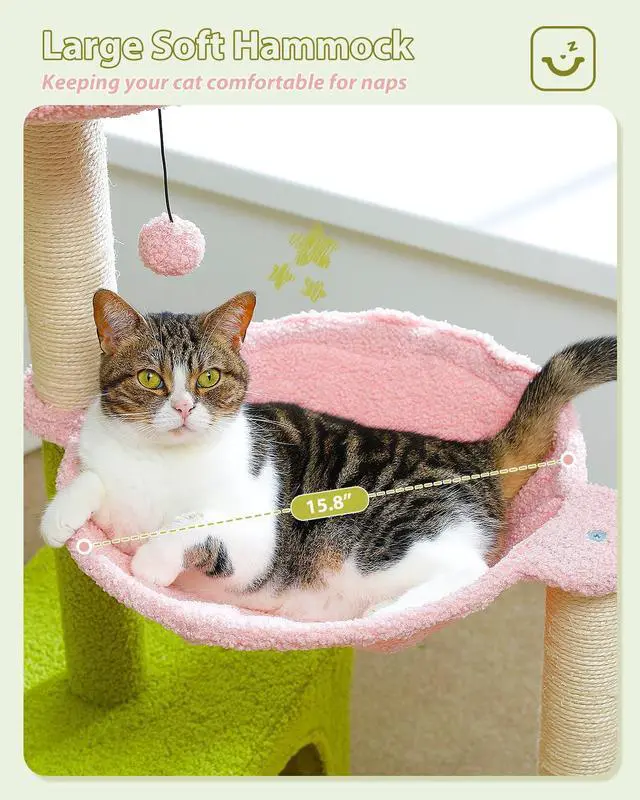 Alt view image 4 of 7 - Flower Cat Tree with Large Metal Frame Hammock, 35" Cute Cat Tower with Sisal Scratching Posts for Small Indoor Cats, Cat Condo with Pink Top Perch for Kittens, Pink