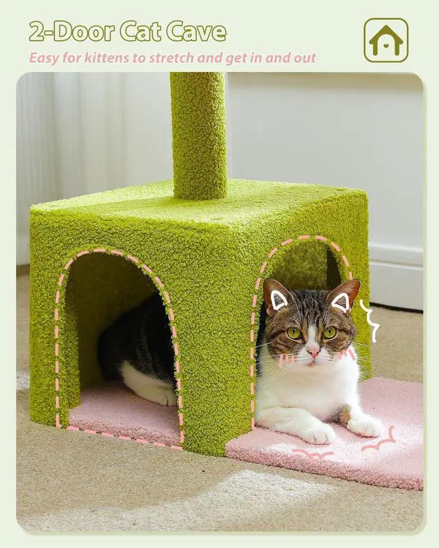 Alt view image 5 of 7 - Flower Cat Tree with Large Metal Frame Hammock, 35" Cute Cat Tower with Sisal Scratching Posts for Small Indoor Cats, Cat Condo with Pink Top Perch for Kittens, Pink