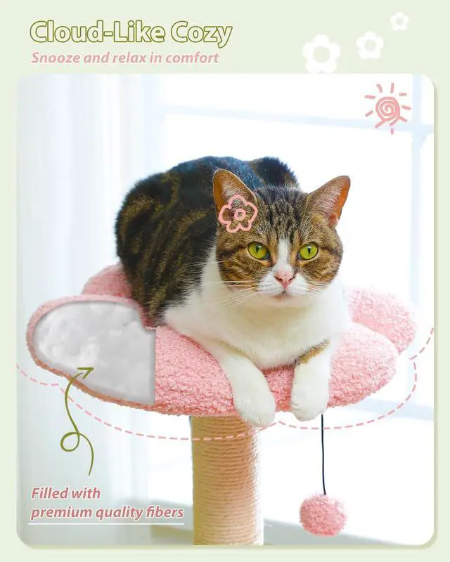 Alt view image 6 of 7 - Flower Cat Tree with Large Metal Frame Hammock, 35" Cute Cat Tower with Sisal Scratching Posts for Small Indoor Cats, Cat Condo with Pink Top Perch for Kittens, Pink