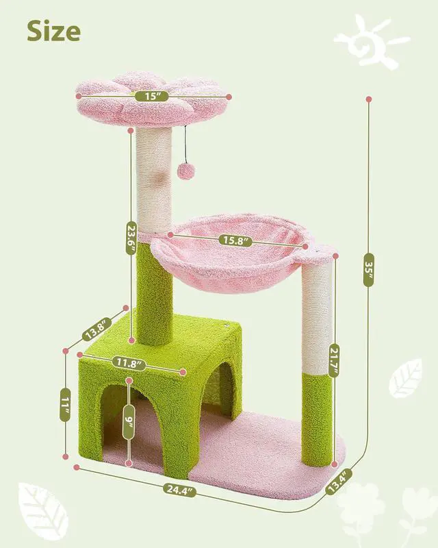 Alt view image 7 of 7 - Flower Cat Tree with Large Metal Frame Hammock, 35" Cute Cat Tower with Sisal Scratching Posts for Small Indoor Cats, Cat Condo with Pink Top Perch for Kittens, Pink