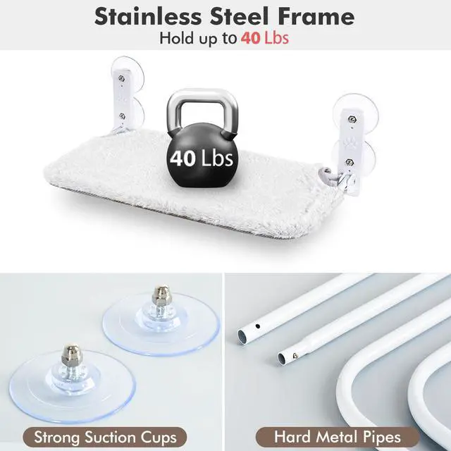 Alt view image 6 of 7 - Cordless Cat Window Perch, Cat Hammock for Wall with 4 Suction Cups, Anchor&Screw for Two Ways of Installation, Solid Metal Frame and Reversible Cover, Foldable Cat Beds for Indoor Cats