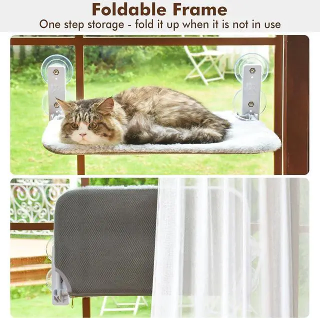 Alt view image 4 of 7 - Cordless Cat Window Perch, Cat Hammock for Wall with 4 Suction Cups, Anchor&Screw for Two Ways of Installation, Solid Metal Frame and Reversible Cover, Foldable Cat Beds for Indoor Cats