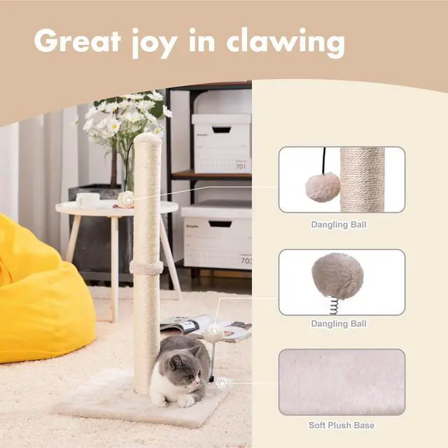 Alt view image 2 of 7 - 34 Tall Cat Scratching Post Premium Basics Kitten Scratcher Sisal Scratch Posts Trees with Hanging Ball for Indoor Cats, Beige