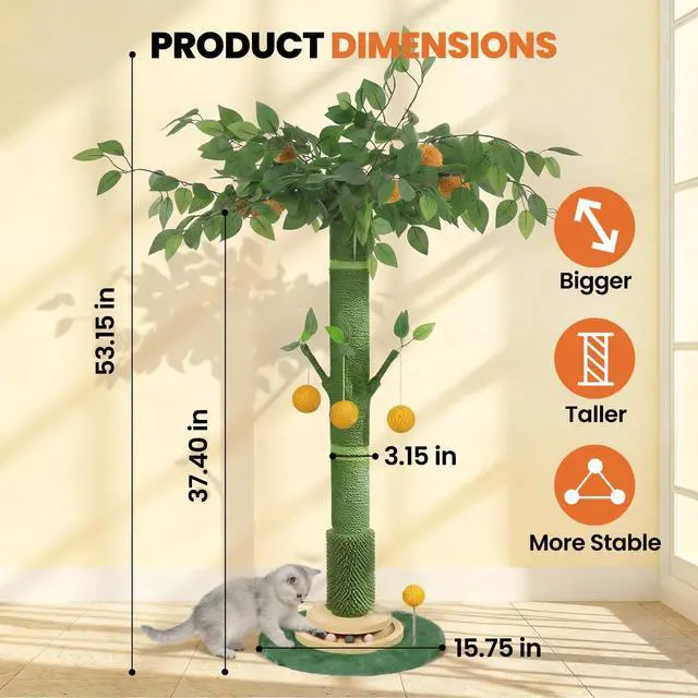 Alt view image 2 of 7 - 53" Extra Tall Cat Scratching Post for Large Cats, Heavy Duty Vertical Scratcher with Natural Sisal Rope, Stable Climbing Pole with Hanging Ball for Full Body Stretching