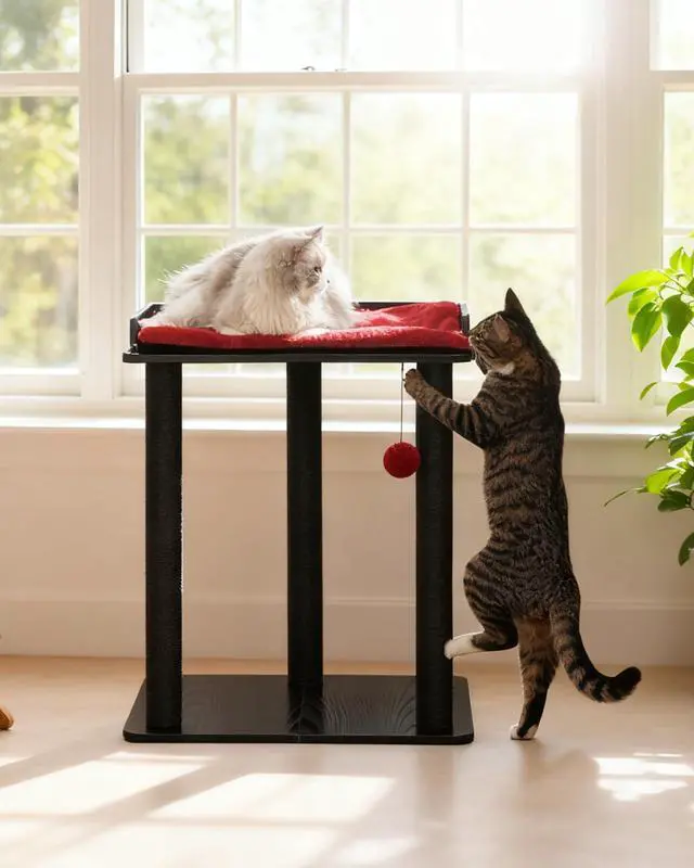 Alt view image 2 of 7 - 26.7in Large Cat Tree Tower Condo, Cat Scratch Posts for Indoor Cats, Big Plate, Three 23.6in Full Sisal Scratching Posts, Black&Red