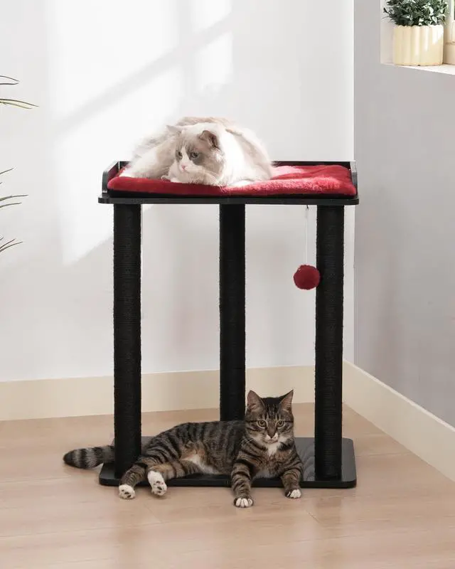 Alt view image 3 of 7 - 26.7in Large Cat Tree Tower Condo, Cat Scratch Posts for Indoor Cats, Big Plate, Three 23.6in Full Sisal Scratching Posts, Black&Red