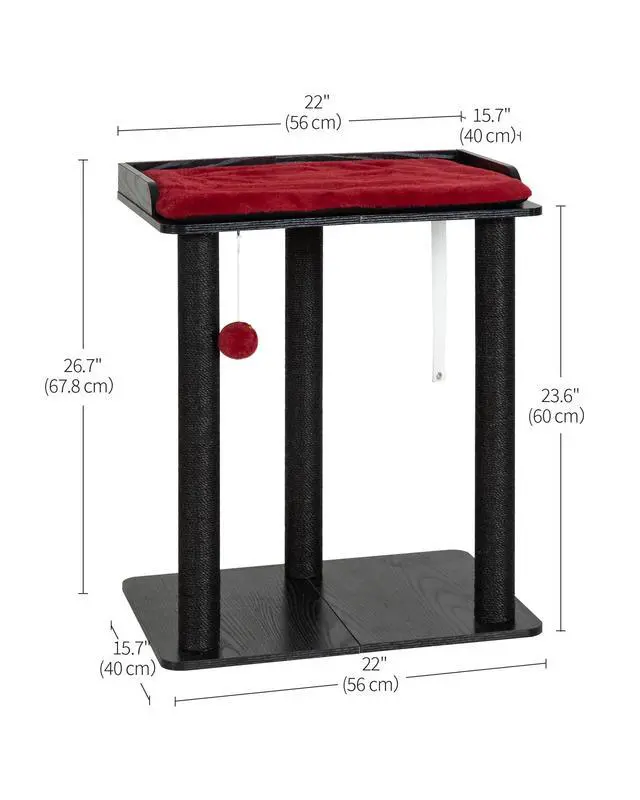 Alt view image 5 of 7 - 26.7in Large Cat Tree Tower Condo, Cat Scratch Posts for Indoor Cats, Big Plate, Three 23.6in Full Sisal Scratching Posts, Black&Red