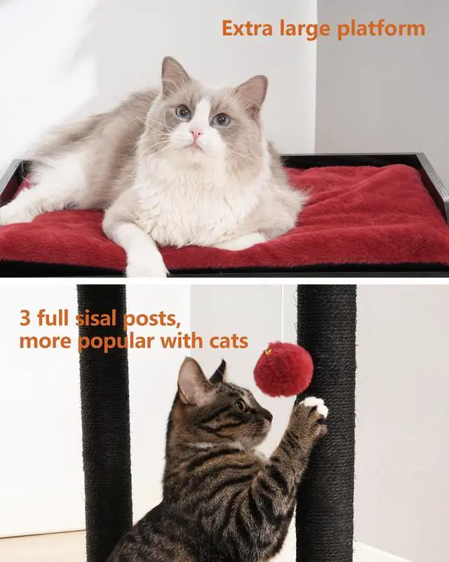 Alt view image 6 of 7 - 26.7in Large Cat Tree Tower Condo, Cat Scratch Posts for Indoor Cats, Big Plate, Three 23.6in Full Sisal Scratching Posts, Black&Red