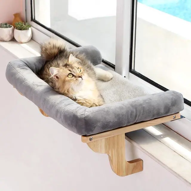 Main image of Cat Perch for Window Sill with Bolster - Orthopedic Hammock Design with Premium Hardwood & Robust Metal Frame - Cat Window Seat for Large Cats and Kittens - Natural Color Wood Gray Bed, 24''W