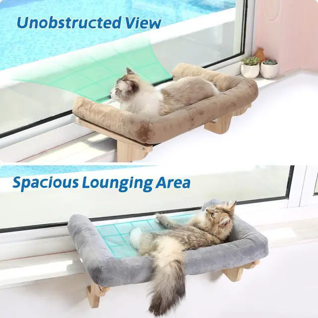 Alt view image 2 of 7 - Cat Perch for Window Sill with Bolster - Orthopedic Hammock Design with Premium Hardwood & Robust Metal Frame - Cat Window Seat for Large Cats and Kittens - Natural Color Wood Gray Bed, 24''W