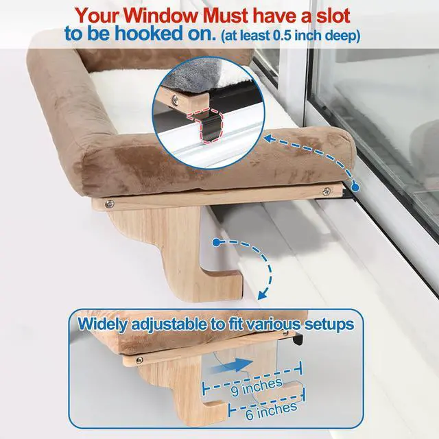 Alt view image 5 of 7 - Cat Perch for Window Sill with Bolster - Orthopedic Hammock Design with Premium Hardwood & Robust Metal Frame - Cat Window Seat for Large Cats and Kittens - Natural Color Wood Gray Bed, 24''W