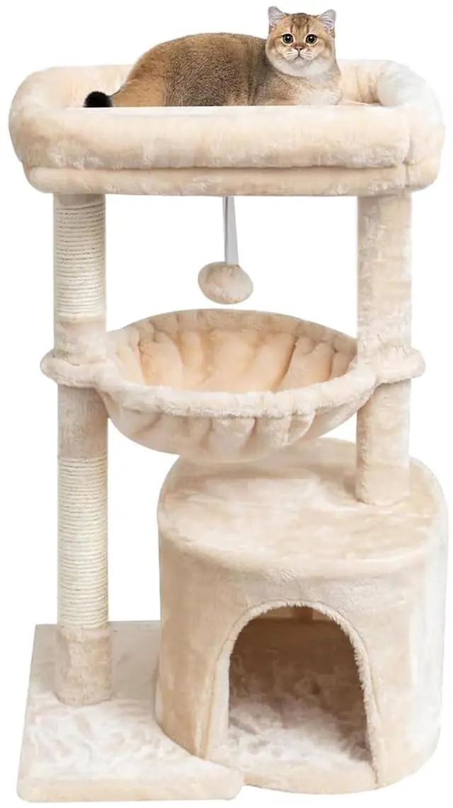 Main image of Small Cat Tree for Indoor Cats, Kittens Condo with Scratching Post and Board, Modern Activity Tower with Cradle, Beige