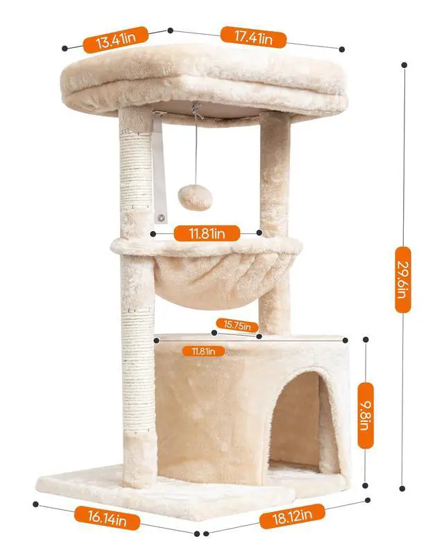 Alt view image 2 of 7 - Small Cat Tree for Indoor Cats, Kittens Condo with Scratching Post and Board, Modern Activity Tower with Cradle, Beige