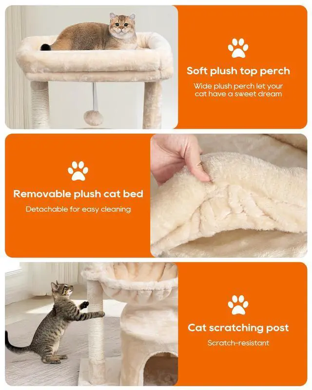 Alt view image 4 of 7 - Small Cat Tree for Indoor Cats, Kittens Condo with Scratching Post and Board, Modern Activity Tower with Cradle, Beige