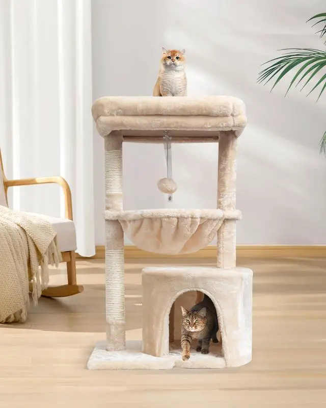 Alt view image 5 of 7 - Small Cat Tree for Indoor Cats, Kittens Condo with Scratching Post and Board, Modern Activity Tower with Cradle, Beige