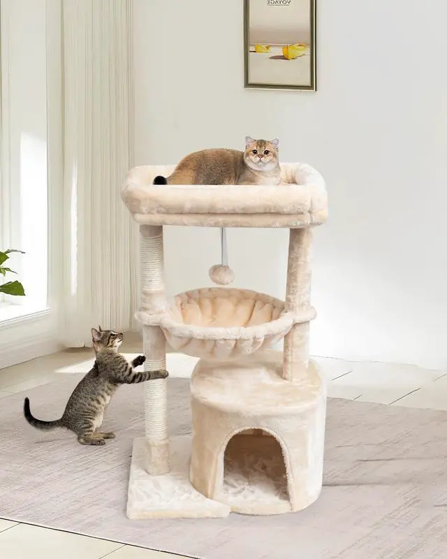 Alt view image 6 of 7 - Small Cat Tree for Indoor Cats, Kittens Condo with Scratching Post and Board, Modern Activity Tower with Cradle, Beige