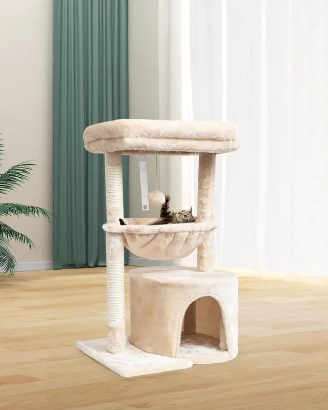 Alt view image 7 of 7 - Small Cat Tree for Indoor Cats, Kittens Condo with Scratching Post and Board, Modern Activity Tower with Cradle, Beige