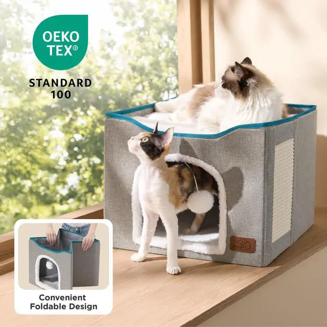 Alt view image 3 of 7 - Cat House Bed for Indoor Cats with Fluffy Ball and Scratch Pad,Grey