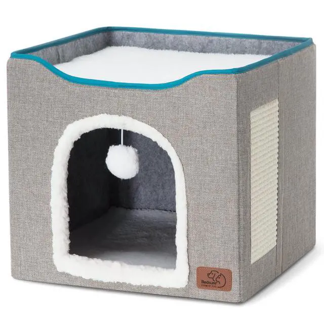 Alt view image 4 of 7 - Cat House Bed for Indoor Cats with Fluffy Ball and Scratch Pad,Grey