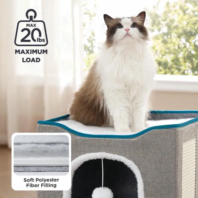 Alt view image 5 of 7 - Cat House Bed for Indoor Cats with Fluffy Ball and Scratch Pad,Grey