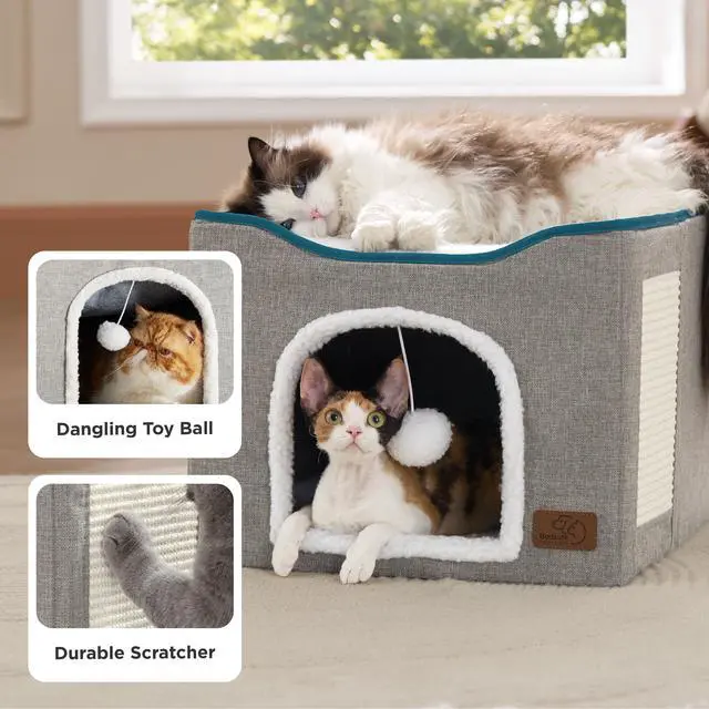 Alt view image 6 of 7 - Cat House Bed for Indoor Cats with Fluffy Ball and Scratch Pad,Grey