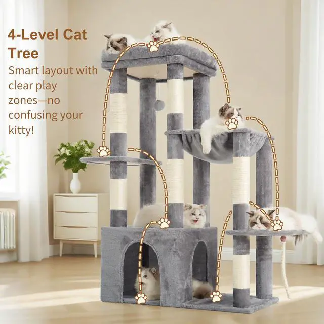 Alt view image 2 of 7 - Heavy Duty Cat Tree, Tower for Indoor Cats Large Adult, Tall Cat Condo House with Extra-Large Baseboard, Multi-Level Plush Furniture with Scratching Posts, Hammock,Toy Balls,Light Gray HCT026W