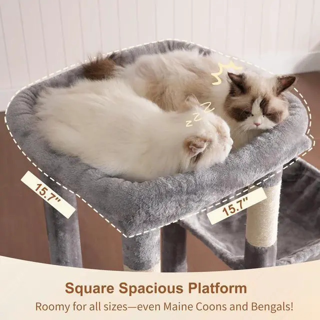 Alt view image 3 of 7 - Heavy Duty Cat Tree, Tower for Indoor Cats Large Adult, Tall Cat Condo House with Extra-Large Baseboard, Multi-Level Plush Furniture with Scratching Posts, Hammock,Toy Balls,Light Gray HCT026W