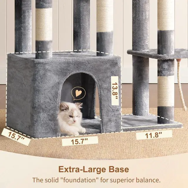 Alt view image 4 of 7 - Heavy Duty Cat Tree, Tower for Indoor Cats Large Adult, Tall Cat Condo House with Extra-Large Baseboard, Multi-Level Plush Furniture with Scratching Posts, Hammock,Toy Balls,Light Gray HCT026W