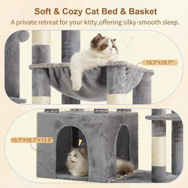 Alt view image 5 of 7 - Heavy Duty Cat Tree, Tower for Indoor Cats Large Adult, Tall Cat Condo House with Extra-Large Baseboard, Multi-Level Plush Furniture with Scratching Posts, Hammock,Toy Balls,Light Gray HCT026W
