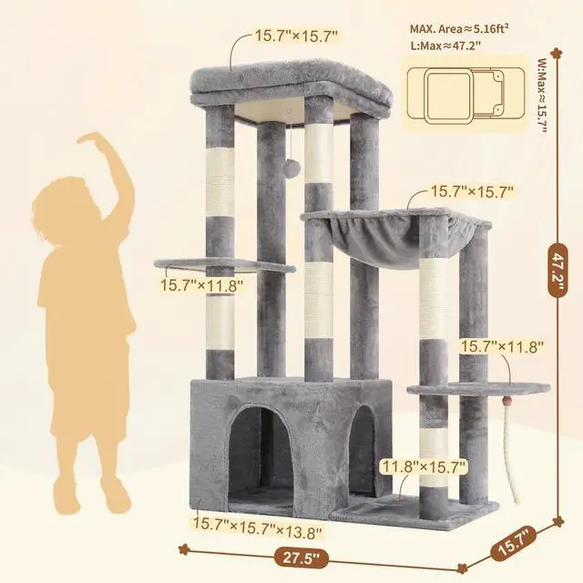 Alt view image 6 of 7 - Heavy Duty Cat Tree, Tower for Indoor Cats Large Adult, Tall Cat Condo House with Extra-Large Baseboard, Multi-Level Plush Furniture with Scratching Posts, Hammock,Toy Balls,Light Gray HCT026W