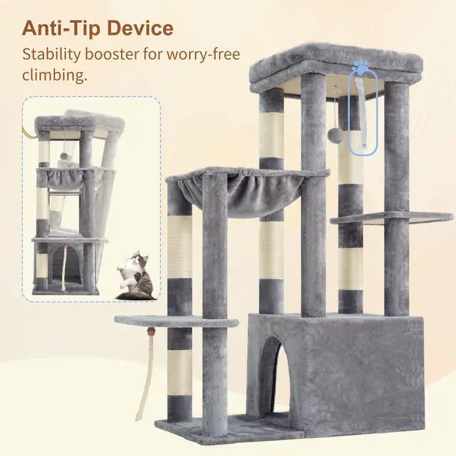 Alt view image 7 of 7 - Heavy Duty Cat Tree, Tower for Indoor Cats Large Adult, Tall Cat Condo House with Extra-Large Baseboard, Multi-Level Plush Furniture with Scratching Posts, Hammock,Toy Balls,Light Gray HCT026W
