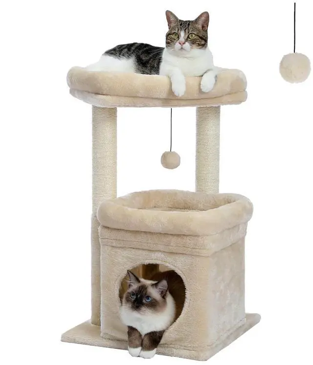Main image of Cat Tree Cat Tower for Indoor Cats with Private Cozy Cat Condo, Natural Sisal Scratching Posts and Plush Pom-pom for Small Cats,Beige