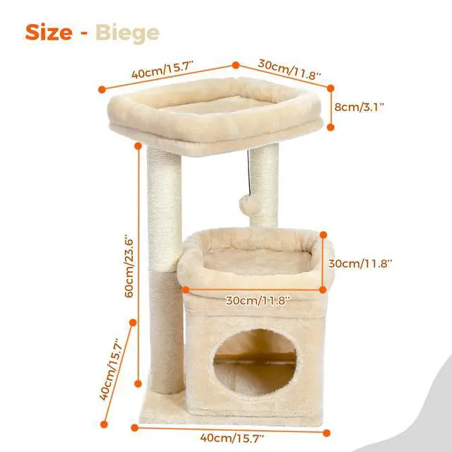 Alt view image 4 of 7 - Cat Tree Cat Tower for Indoor Cats with Private Cozy Cat Condo, Natural Sisal Scratching Posts and Plush Pom-pom for Small Cats,Beige