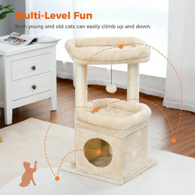 Alt view image 5 of 7 - Cat Tree Cat Tower for Indoor Cats with Private Cozy Cat Condo, Natural Sisal Scratching Posts and Plush Pom-pom for Small Cats,Beige