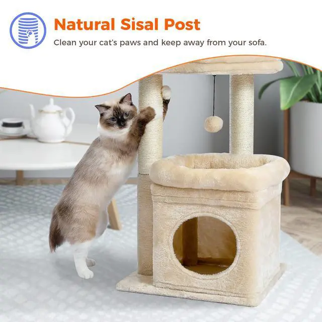 Alt view image 6 of 7 - Cat Tree Cat Tower for Indoor Cats with Private Cozy Cat Condo, Natural Sisal Scratching Posts and Plush Pom-pom for Small Cats,Beige