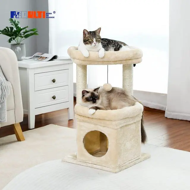 Alt view image 7 of 7 - Cat Tree Cat Tower for Indoor Cats with Private Cozy Cat Condo, Natural Sisal Scratching Posts and Plush Pom-pom for Small Cats,Beige