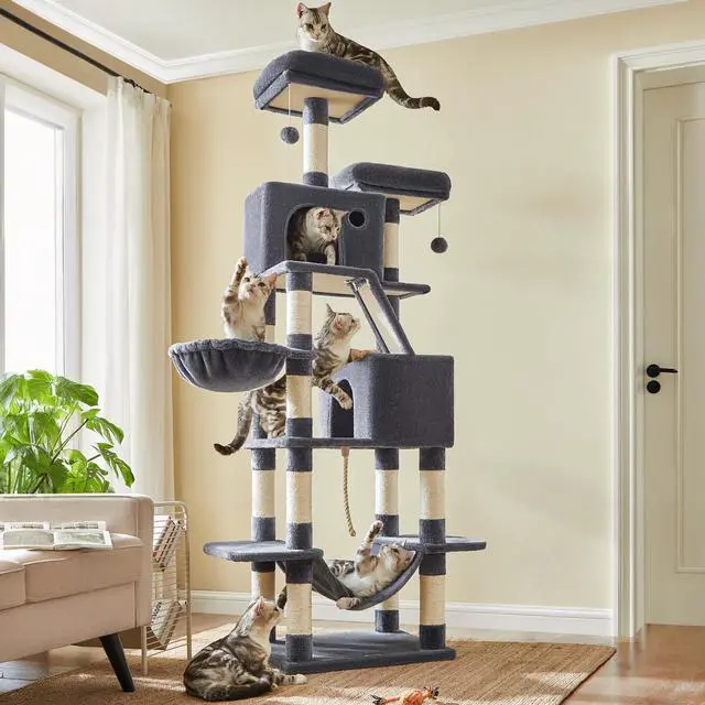 Main image of Cat Tree, 81.1-Inch Large Cat Tower, Multi-Level Plush Condo with 13 Scratching Posts, 2 Perches, 2 Caves, Basket, Hammock, Pompoms, Smoky Gray UPCT190G01
