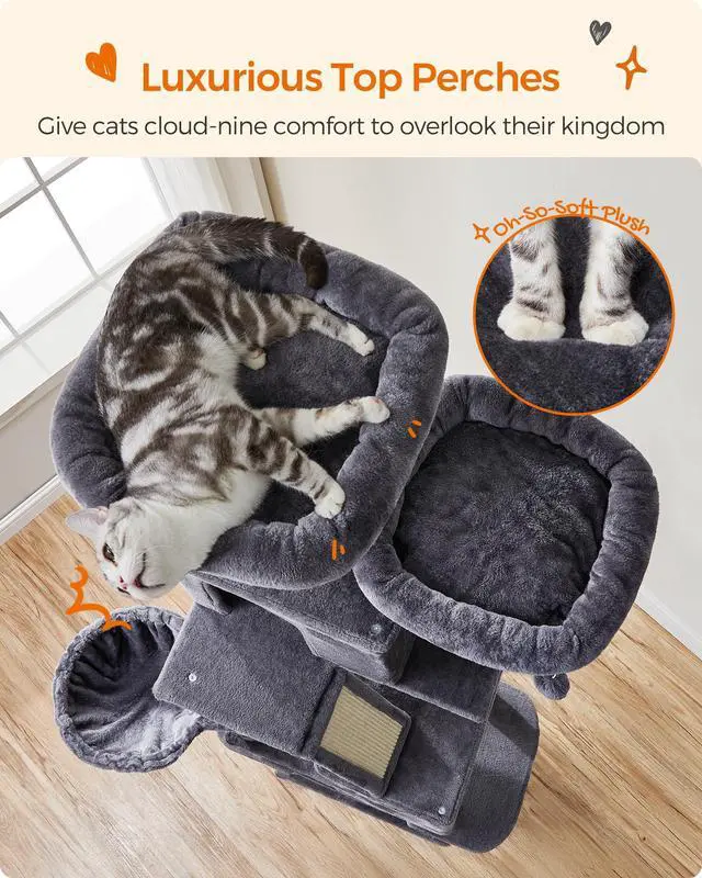 Alt view image 3 of 6 - Cat Tree, 81.1-Inch Large Cat Tower, Multi-Level Plush Condo with 13 Scratching Posts, 2 Perches, 2 Caves, Basket, Hammock, Pompoms, Smoky Gray UPCT190G01