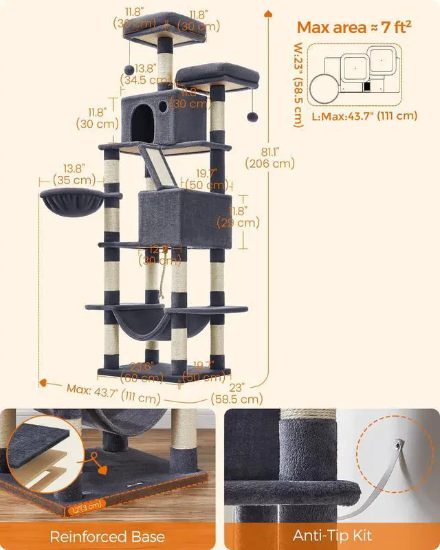 Alt view image 5 of 6 - Cat Tree, 81.1-Inch Large Cat Tower, Multi-Level Plush Condo with 13 Scratching Posts, 2 Perches, 2 Caves, Basket, Hammock, Pompoms, Smoky Gray UPCT190G01