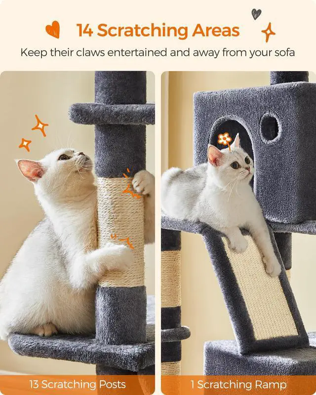 Alt view image 6 of 6 - Cat Tree, 81.1-Inch Large Cat Tower, Multi-Level Plush Condo with 13 Scratching Posts, 2 Perches, 2 Caves, Basket, Hammock, Pompoms, Smoky Gray UPCT190G01