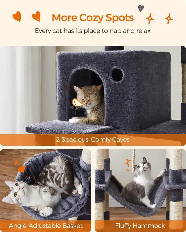 Alt view image 4 of 6 - Cat Tree, 81.1-Inch Large Cat Tower, Multi-Level Plush Condo with 13 Scratching Posts, 2 Perches, 2 Caves, Basket, Hammock, Pompoms, Smoky Gray UPCT190G01
