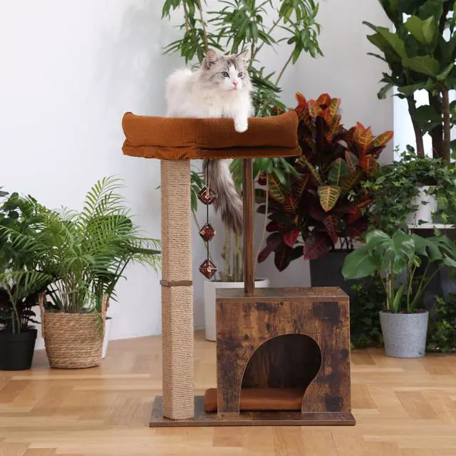 Alt view image 2 of 6 - Cat Scratching Post, Modern Style Cat Tree with Unique Square Post, Wooden Cat Tower with silvervine Balls, Retro Cat Brown Condo Scratcher for Indoor CatsSolid Wood