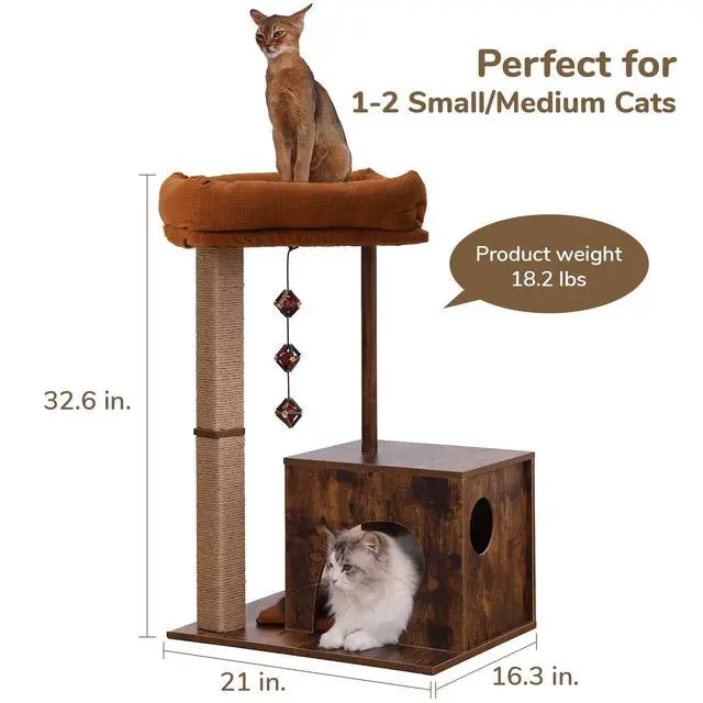 Alt view image 3 of 6 - Cat Scratching Post, Modern Style Cat Tree with Unique Square Post, Wooden Cat Tower with silvervine Balls, Retro Cat Brown Condo Scratcher for Indoor CatsSolid Wood