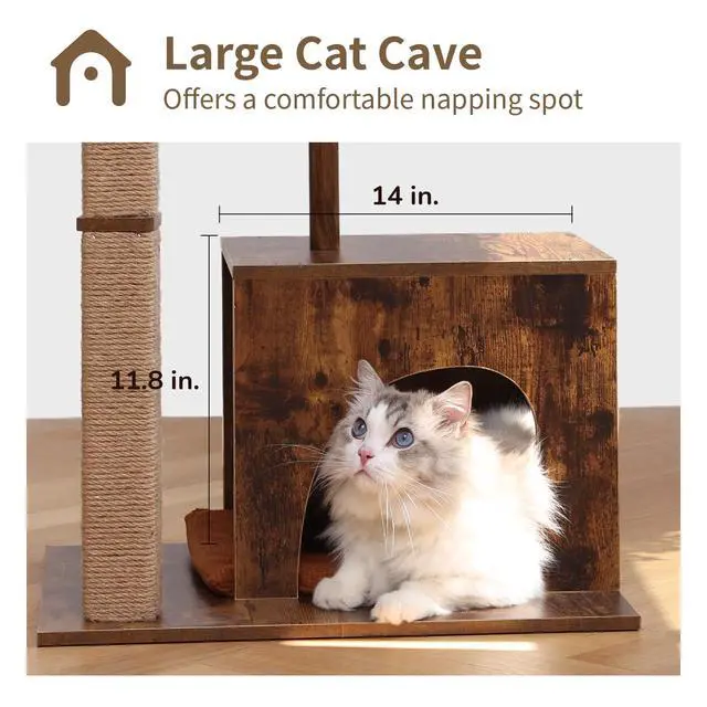 Alt view image 4 of 6 - Cat Scratching Post, Modern Style Cat Tree with Unique Square Post, Wooden Cat Tower with silvervine Balls, Retro Cat Brown Condo Scratcher for Indoor CatsSolid Wood