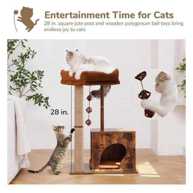 Alt view image 6 of 6 - Cat Scratching Post, Modern Style Cat Tree with Unique Square Post, Wooden Cat Tower with silvervine Balls, Retro Cat Brown Condo Scratcher for Indoor CatsSolid Wood