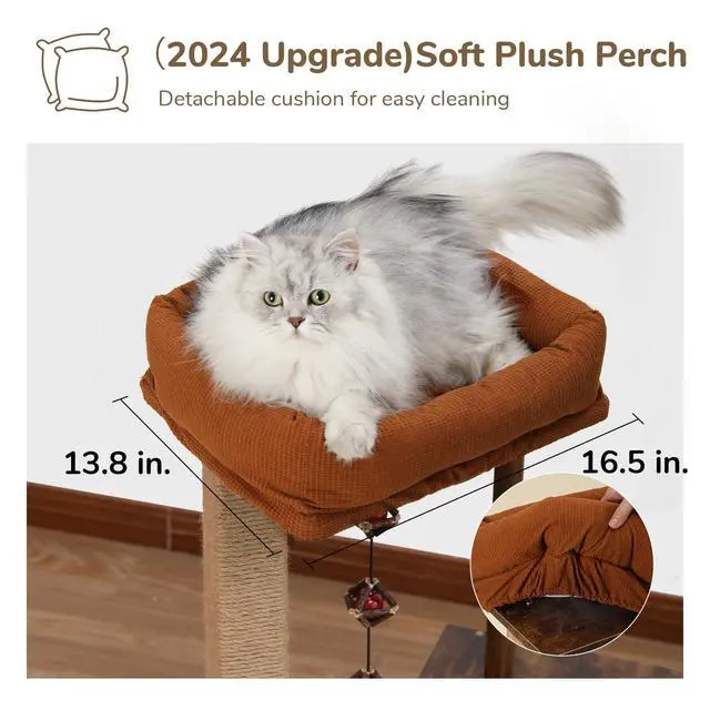 Alt view image 5 of 6 - Cat Scratching Post, Modern Style Cat Tree with Unique Square Post, Wooden Cat Tower with silvervine Balls, Retro Cat Brown Condo Scratcher for Indoor CatsSolid Wood