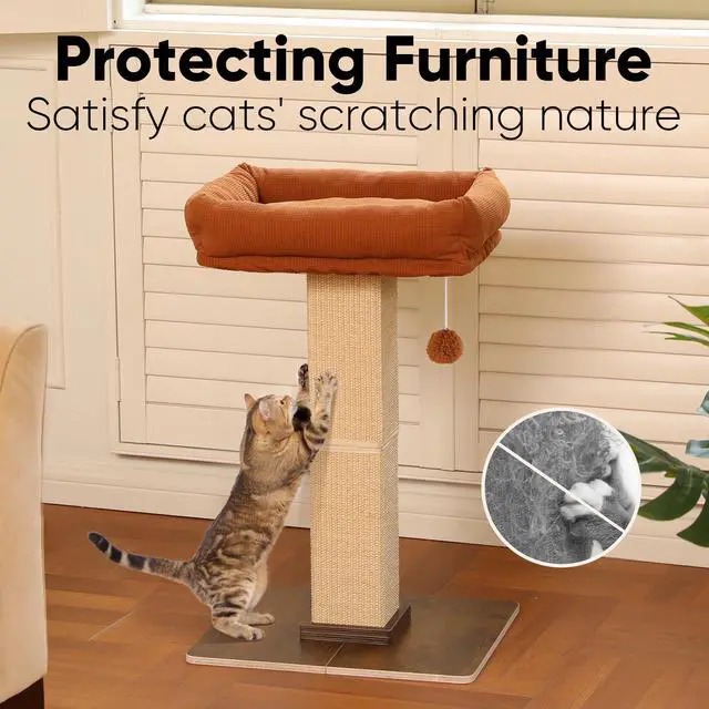 Alt view image 4 of 7 - Cat Scratching Post, Retro-Style Tall Scratch Posts with Perch for Indoor Cats Adults, Large Cat Scratcher Tower with Bed, Natural Sisal & Solid Wood